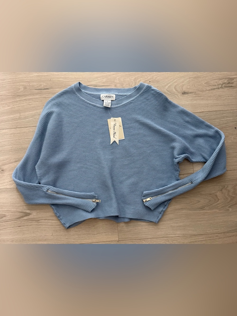 Carmen Marc Valvo Powder Blue Ribbed Cropped Crewneck Sweater with Zip Cuffs